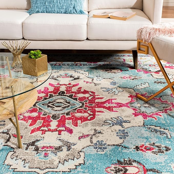 SAFAVIEH Monaco Collection Area Rug - 2'2" x 4', Light Blue & Fuchsia, Non-Shedding & Easy to Clean, Distressed Medallion Design, Ideal for Front Door, Kitchen, Entryway, Accent Space (MNC243J)