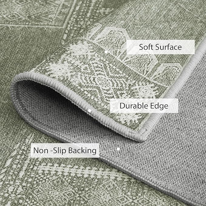 NICETOWN Sage Green Kitchen Runner Rug, 2x8 Hallway Carpet, Ultra-Thin Foldable Runner Rug Green Boho Coverings for Entryway Laundry Bedroom
