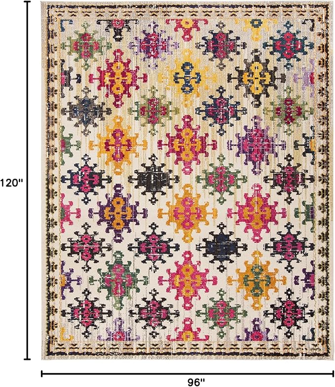 SAFAVIEH Monaco Collection Area Rug - 8' x 10', Ivory & Multi, Boho Diamond Trellis Design, Non-Shedding & Easy Care, Ideal for High Traffic Areas in Living Room, Bedroom (MNC244A)