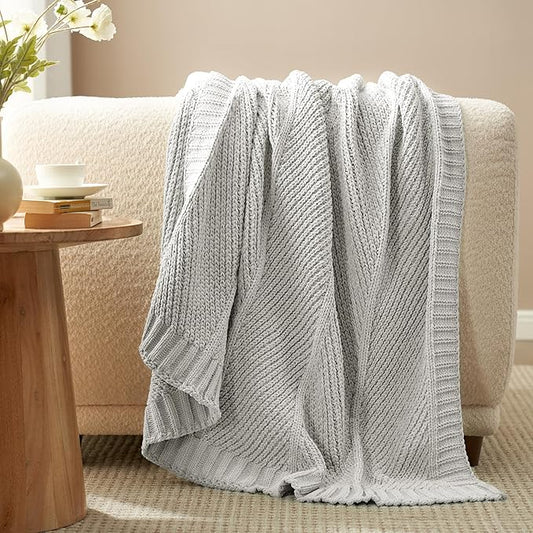 Amélie Home Chevron Chenille Knit Throw Blanket for Couch, Cozy Texture Decorative Soft Blanket for Sofa & Chair, 60"x80", Light Grey