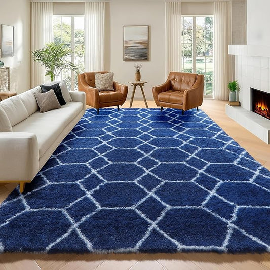 ONASAR 7x9 Area Rugs for Living Room Bedroom, Large Fluffy Navy Blue and White Throw Rug, Geometric Soft Plush Shaggy Indoor Floor Carpet for Nursery Kids Girls Boys Teen Dorm Home Decor Aesthetic