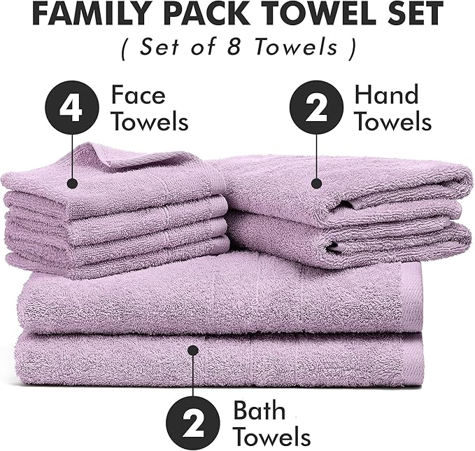 Bath Towels Set of 8 – 100% Cotton (Lilac) Bathroom Towel Set Bale Includes 2 Bath, 2 Hand, 4 Face Towels – Soft, Absorbent & Quick Dry Towel for Bathroom, Spa, Kitchen, Hotel Use