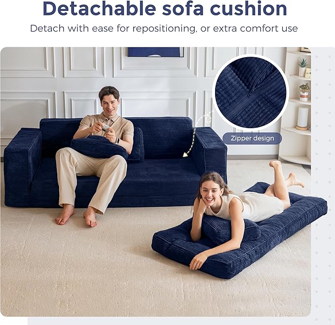 MAXYOYO Convertible Sofa Bed, Pull Out 3 Seater Sleeper Sofa, 2 in 1 Folding Couch Bed, Fold Out Floor Couch with Pillows for Living Room Bedroom Lounge, Navy