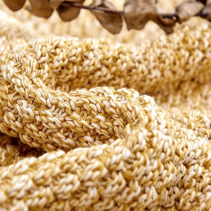 Longhui bedding Gold Knitted Throw Blanket for Couch, Soft, Cozy Machine Washable 100% Cotton Sofa Blanket, 60”x80”, Mustard Yellow and White, Laundry Bag Included