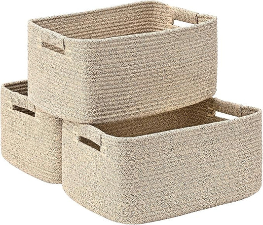 3 Pack Large Storage Basket for Organizing, 17.5"x13"x7" Woven Basket for Shelves, Closet Cube Storage Bins with Wrapped Handle, Cotton Rope Baskets for Kitchen, Clothes, Toys(Natural))