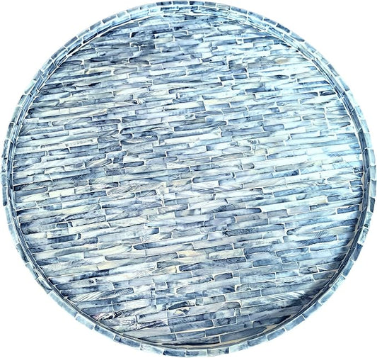 i-lan 17-inch Mother of Pearl Lazy Susan – Blue Brick Pattern Rotating Turntable with Smooth Spin, Large Decorative Tray for Dining Table, Kitchen Cabinet, Countertop & Holiday Gifting