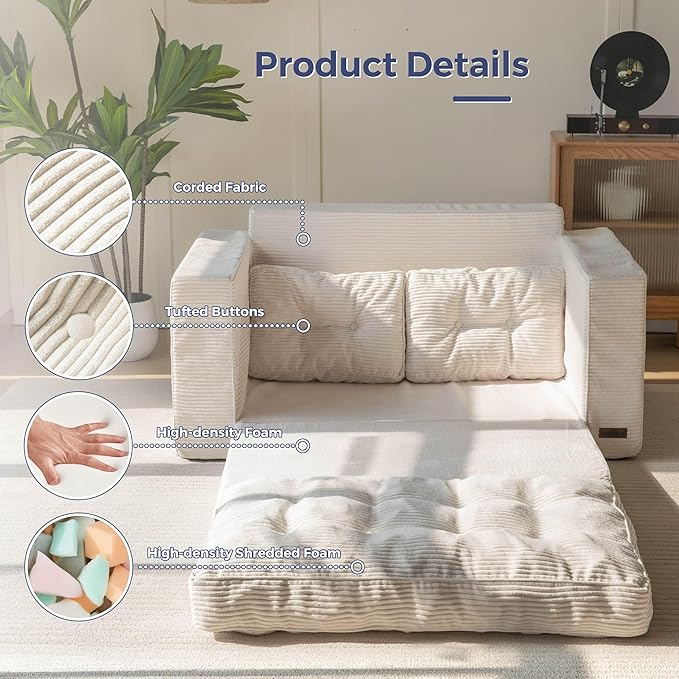 MAXYOYO Convertible Sofa Bed, Pull Out Loveseat Sleeper Sofa, 2 in 1 Folding Couch Bed, Fold Out Floor Couch with Pillows for Living Room Bedroom Lounge, Beige