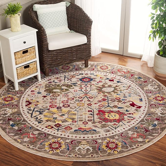 SAFAVIEH Kashan Collection Area Rug - 6'7" Round, Beige & Taupe, Traditional Oriental Design, Non-Shedding & Easy Care, Ideal for High Traffic Areas in Living Room, Bedroom, Dining (KSN303K-7R)