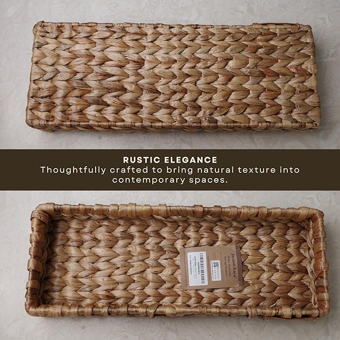 Handmade Water Hyacinth Wicker Storage Basket – Rectangle Organizer Bin for Shelves, Blanket, Bathroom, Closet, Toilet Tank – Decorative & Durable (1, 17.5"x6.7"x2.5")