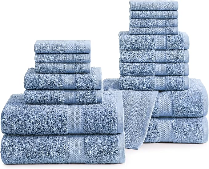 LANE LINEN 100% Cotton Bathroom Towels - 18 Piece Set - Super Soft, Quick Dry & Absorbent - 4 Bath, 8 Washcloths, 6 Hand Towels for Bathroom - Hotel Quality & Suitable for Family - Cerulean Blue