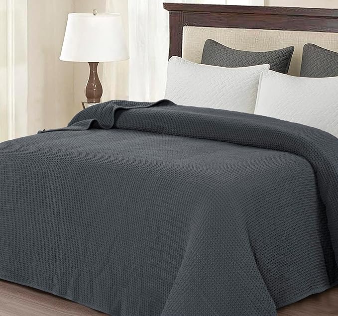 Bed & Bath Home Premium 100% Cotton Waffle Weave Blanket Queen Size – Soft Breathable Lightweight Comfort, Natural All-Season Bed Blanket, Easy-Care Bedspread for Bed & Couch (Grey)
