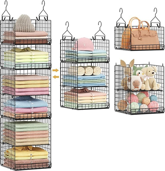 6 Tier Hanging Closet Organizers and Storage Stackable Hanging Closet Shelves with 4 Hooks 2 Adjustable Dividers, Wire Storage Basket Bins for Clothing Purse Sweaters Shoes Socks Dolls, Foldable