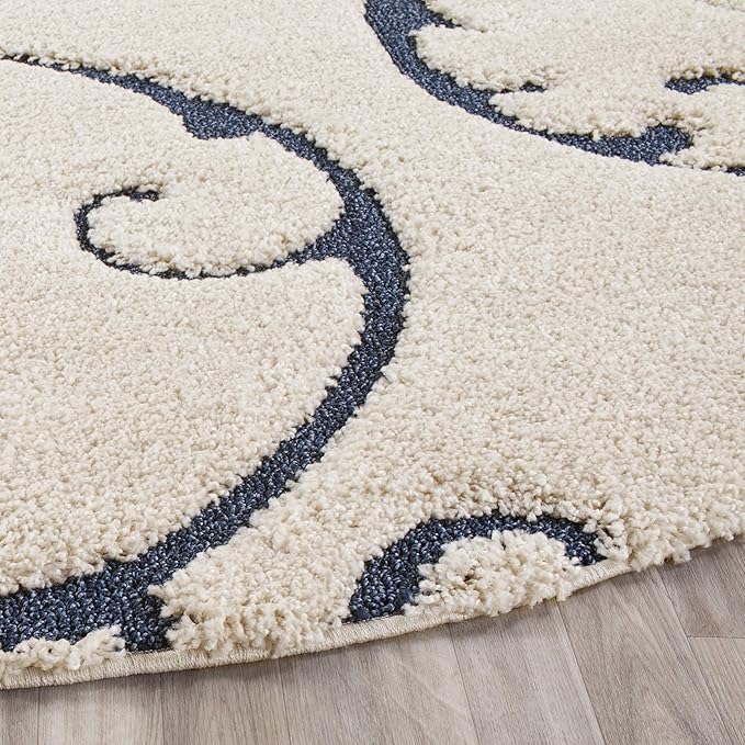 SAFAVIEH Florida Shag Collection Area Rug - 8' Round, Cream & Blue, Scroll Design, Non-Shedding & Easy to Clean, High-Low Plush Pile, Ideal for Living Room, Bedroom, Dining Space (SG455-1165)