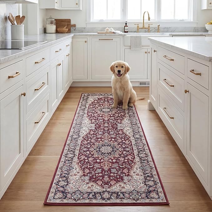 SAFAVIEH Washable Rug Tucson Collection - 2'6' x 8' Runner, Red & Navy, Slip Resistant & Easy to Clean, Ideal for Hallway, Foyer, Entryway, Bedroom (TSN135Q)