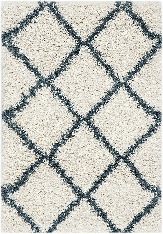 SAFAVIEH Hudson Shag Collection Accent Rug - 2' x 3', Ivory & Slate Blue, Trellis Design, Non-Shedding & Easy Care, 2-inch Thick Ideal for High Traffic Areas in Foyer, Living Room, Bedroom (SGH281T)