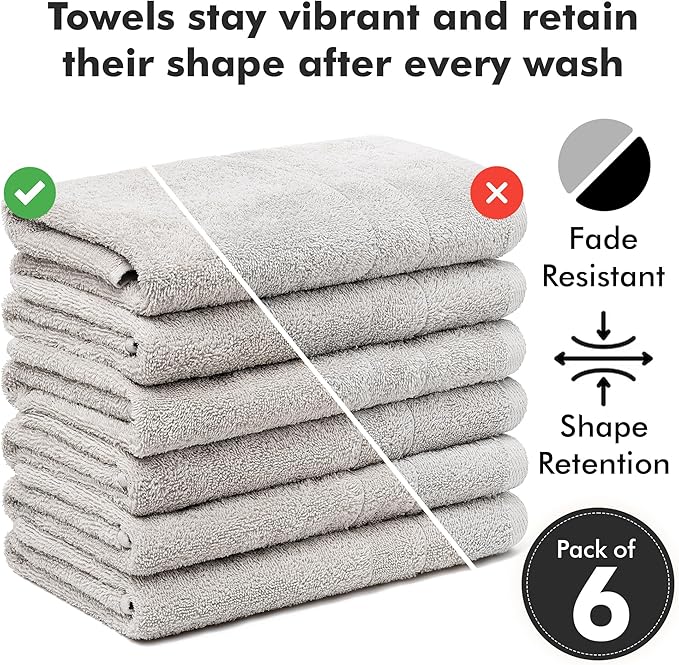 100% Cotton Hand Towels for Bathroom – Soft & Absorbent Towel Set– Pack of 6 Small Towel (34x20in) – Quick Dry Luxury Cotton Hand Towels – Light Grey