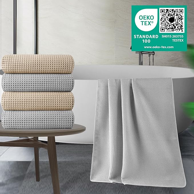 430 GSM Microfiber Oversize Quick Dry Lint Free Bath Towel, 60 x 30 in, 4 Pack (Waffle Weave)