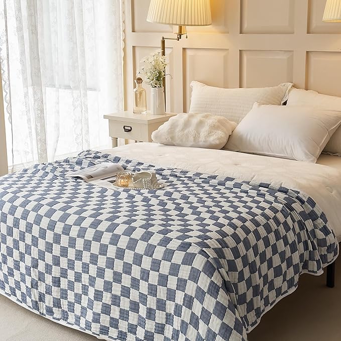 Ultra Soft Cozy 6-Layer Checkered Muslin Blankets for Adults 100% Cotton King Size 90"x104" Bed Blanket Breathable Lightweight Suitable for All Seasons Both Sides Blue