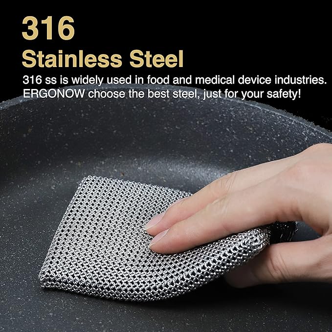 Cast Iron Cleaner Chainmail Scrubber -Fine Ring- 316 Stainless Steel Scrubbing Sponge Skillet – Dish Scrubber - Built-in Silicone with Welded Rings - for Cast Iron Pots, BBQ, Dishes (Standard)