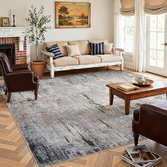 Area Rug Living Room Rugs - 7x9 Washable Large Soft Indoor Neutral Modern Abstract Low Pile Rug Carpet for Bedroom Dining Room Farmhouse Home Office - Blue/Grey/Brown