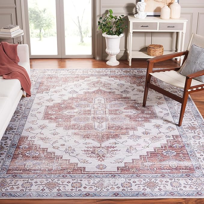 SAFAVIEH Washable Rug Tucson Collection - 9' x 12', Ivory & Rust, Slip Resistant & Easy to Clean, Ideal for Living Room, Bedroom, Dining Space (TSN109A)