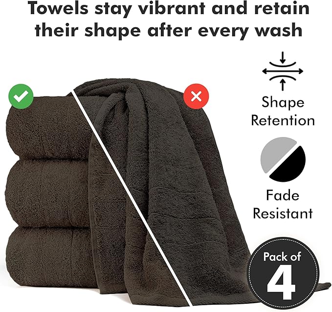 Bath Towels Set of 4 – 100% Cotton Dark Brown Extra Large Towels for Bathroom, Spa Use (55x28 in) – Super Soft and Quick Dry Large Bath Sheets for Adults
