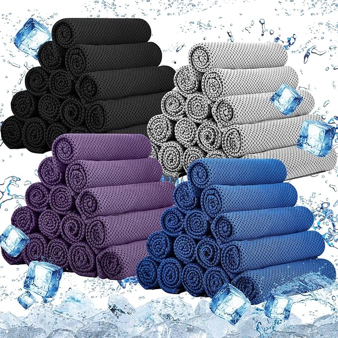 80 Count Cooling Towel Bulk 40 x 12 Inch Double Layer Microfiber Chilly Cold Towel for Neck Gym Yoga Running Workout Sports(Black, Purple, Gray, Blue)