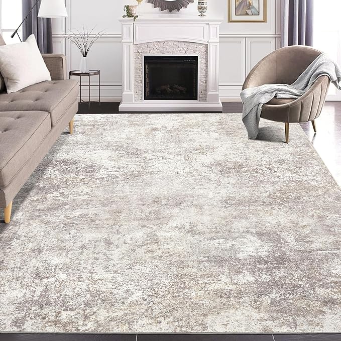 Area Rug Living Room Rugs - 10x14 Abstract Large Soft Indoor Washable Rug Neutral Modern Low Pile Carpet for Bedroom Dining Room Farmhouse Home Office - Brown
