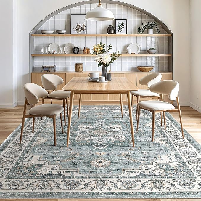 Vintage Living Room Area Rug 9x12 - Large Soft Washable Oriental Traditional Distressed Farmhouse Rugs for Bedroom - Indoor Floor Accent Carpet for Home Office House Decor - Denim Blue