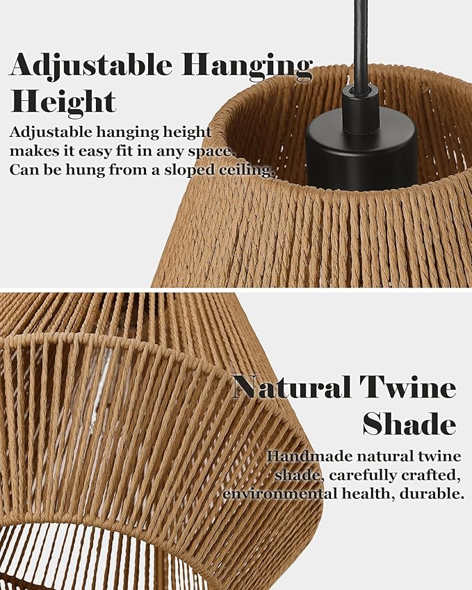 ELYONA 3 Pack Woven Pendant Lights, 7” Modern Boho Hanging Lamp with Handwoven Woven Rattan Shade, Adjustable Farmhouse Coastal Pendant Light Fixtures for Kitchen Island,Dining Room,Bar, Foyer Hallway