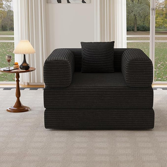 Folding Sofa Bed, 2 in 1 Convertible Sofas Lounger Comfy Single Chair Teddy Fabric Compressed Couch,Boneless FoldingSleeper for Living Room, Guest Bed, Playroom (Black, 35.43" Single Sofa)
