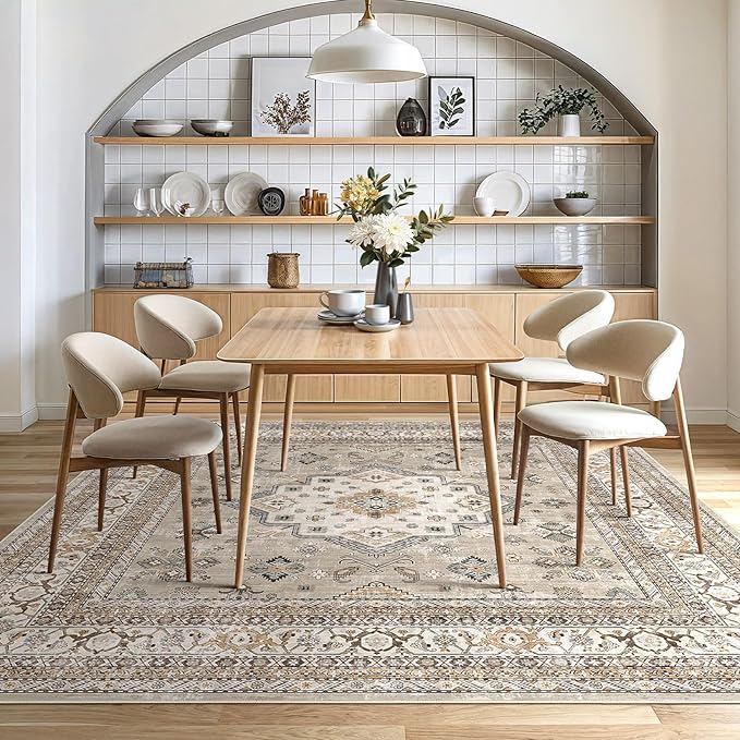 Vintage Living Room Square Area Rug 6x6 - Large Soft Washable Oriental Traditional Distressed Farmhouse Rugs for Bedroom - Indoor Floor Accent Carpet for Home Office House Decor - Beige