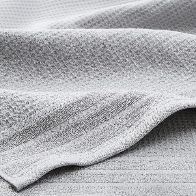 Town & Country Basics 6-Piece Assorted Waffle Woven Terry Stripe Set, 2 Bath Towel, 2 Hand Towel, 2 Washcloth, 100% Cotton, Quick Dry, Gray