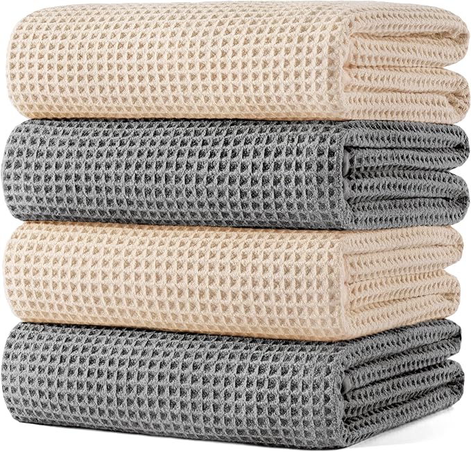 430 GSM Microfiber Oversize Quick Dry Lint Free Bath Towel, 60 x 30 in, 4 Pack (Waffle Weave)