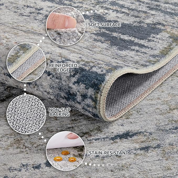 Area Rug Living Room Rugs - 7x9 Washable Large Soft Indoor Neutral Modern Abstract Low Pile Rug Carpet for Bedroom Dining Room Farmhouse Home Office - Blue/Grey/Brown
