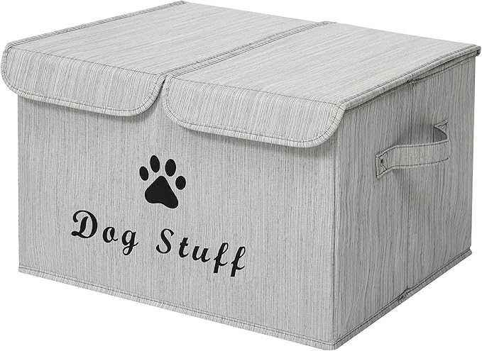 Geyecete Large Storage Boxes - Large Linen Fabric Foldable Storage Cubes Bin Box Containers with Lid and Handles for Dog Apparel & Accessories, Dog Toys(BambooGray)