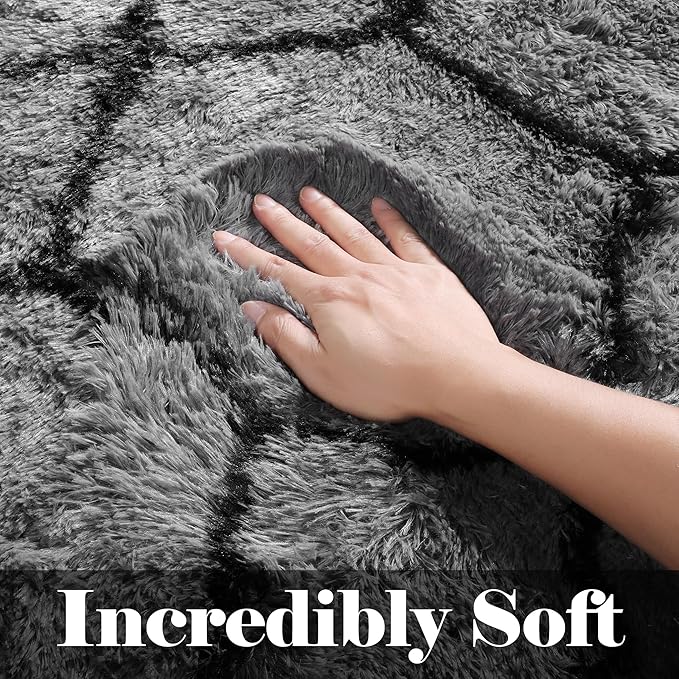 ONASAR Rugs for Living Room, Fluffy Soft 5x8 Grey and Black Geometric Area Rug for Bedroom, Shaggy Fuzzy Plush Moroccan Floor Carpet for Kids Boys Girls Teen Nursery Dorm Office Home Decor Aesthetic