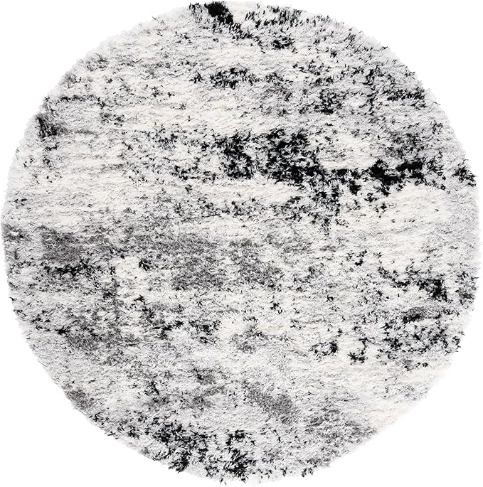 SAFAVIEH Lindsay Shag Collection Area Rug - 6'7" Round, Grey/Black Ivory, Geometric Design, Ideal for High Traffic Areas in Living Room, Bedroom, Dining (LNS556G)