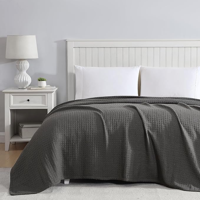 Beatrice Home Fashions Grand Hotel Lightweight All-Natural 100% Cotton Waffle Weave Blanket, King, Dark Gray