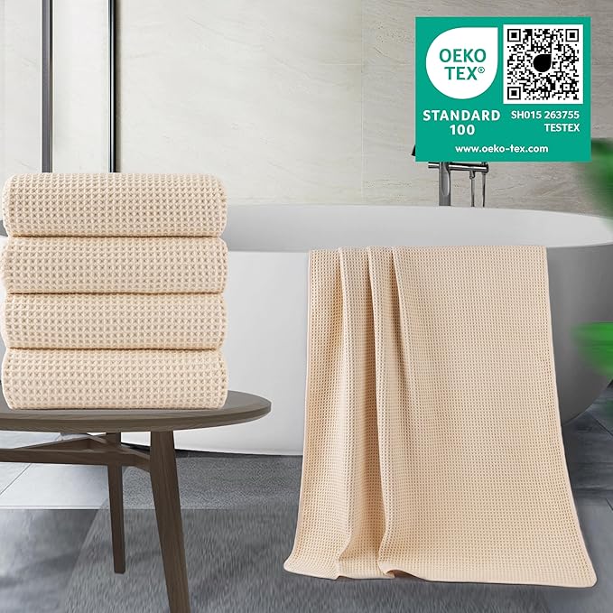 430 GSM Microfiber Oversize Quick Dry Lint Free Bath Towel, 60 x 30 in, 4 Pack (Waffle Weave)