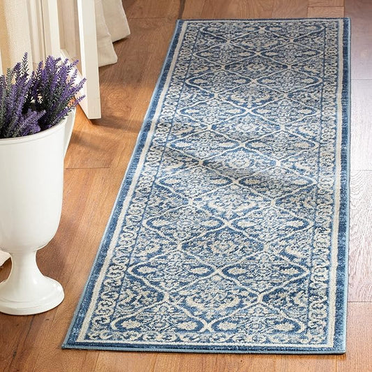 SAFAVIEH Brentwood Collection 2' x 16' Navy / Light Grey BNT870M Oriental Damask Trellis Non-Shedding Living Room Bedroom Runner Rug