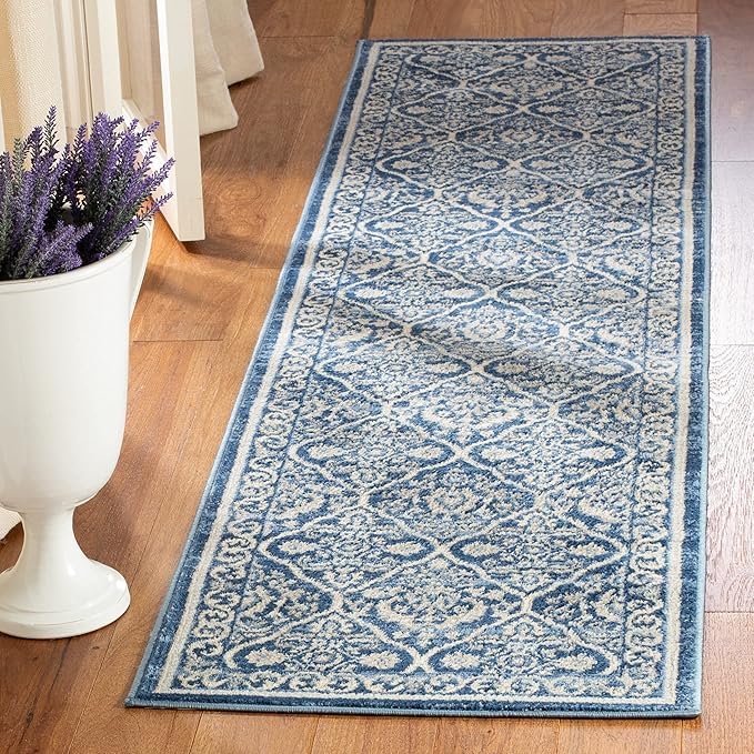 SAFAVIEH Brentwood Collection 2' x 8' Navy / Light Grey BNT870M Oriental Damask Trellis Non-Shedding Living Room Entryway Foyer Hallway Bedroom Runner Rug