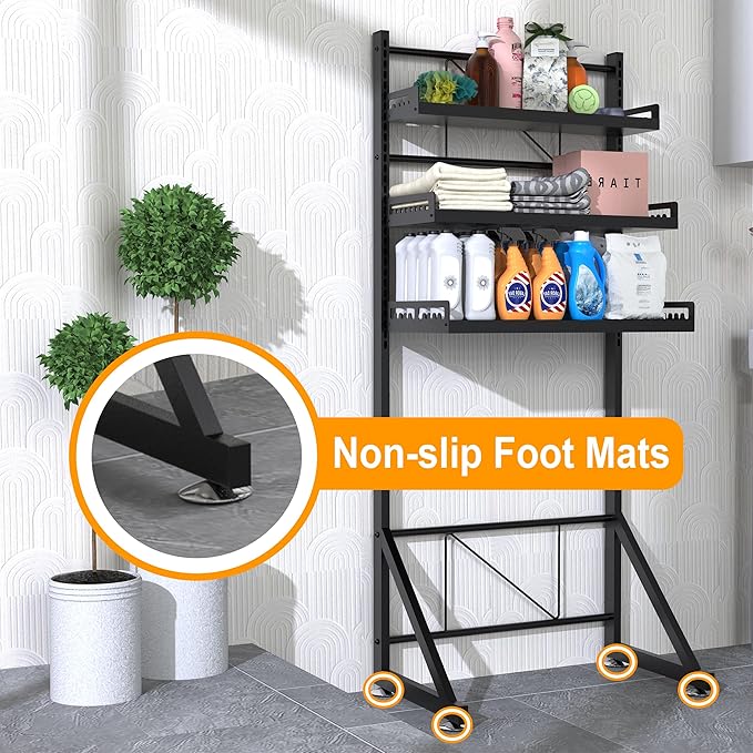 Multifunctional Storage Three-Tier Adjustable Height Laundry Room Shelf Space Saving Organizer