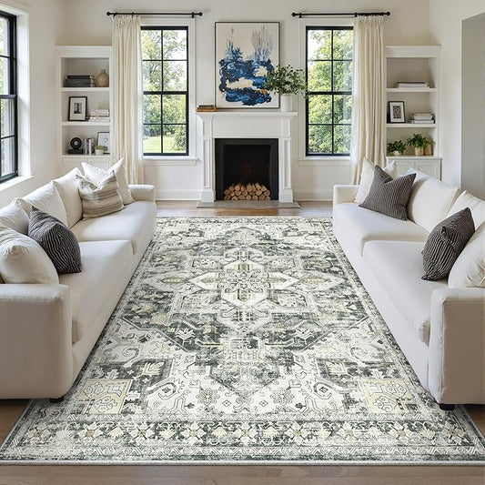 zesthome 9x12 Area Rugs,Stain Resistant Washable Rug,Ultra-Thin Rugs for Living Room,Bedroom,Non-Slip Backing Home Decor Large Area Rug (Grey/Beige,9'x12')