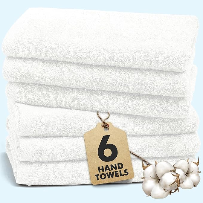100% Cotton Hand Towels for Bathroom – Soft & Absorbent Towel Set– Pack of 6 Small Towel (34x20in) – Quick Dry Luxury Cotton Hand Towels – White