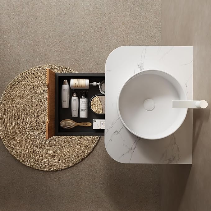 KEIKI 24" Bathroom Vanity Cabinet with Sink Combo, Wall Mounted Curved Edges Striped Floating Bathroom Vanity with Soft-Close Drawer, White Round Ceramic Basin Without Faucet, Natural Wood