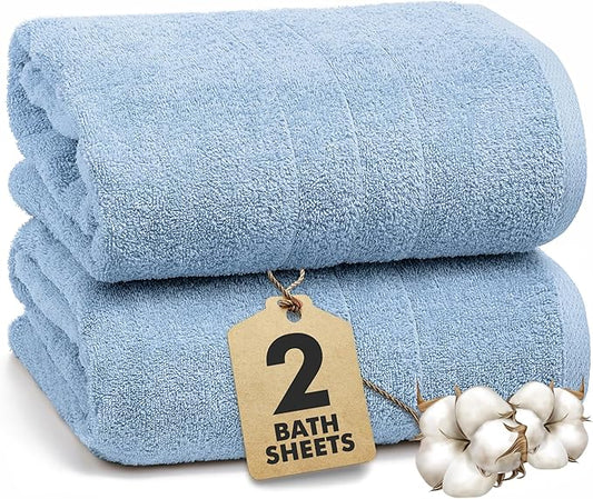Bath Sheets – Extra Large Bathroom Sheet Set – Pack of 2 Jumbo Towels Sky Blue (71x35in) – 100% Cotton Soft Quick Dry Large Bath Towels for Adults Hotel Spa Bathroom Use