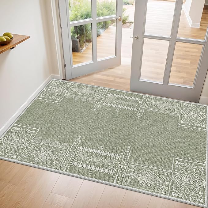 NICETOWN Sage Green Rug 2x3 Entryway Small Carpet Washable Thin Geometric Area Rug with Rubber Backing - 2x3 Boho Non-Slip Foyer Carpet for Kitchen Laundry Bathroom Bedroom