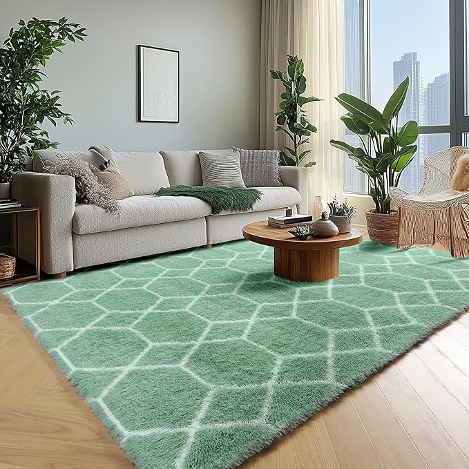 ONASAR Rugs for Living Room Bedroom, 5x8 Fluffy Sage Green and White Area Rug, Geometric Boho Soft Plush Shaggy Floor Carpets for Nursery Kids Girls Boys Teen Dorm Home Decor Aesthetic