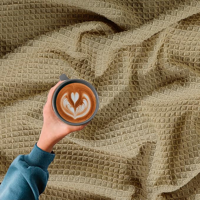 Bed & Bath Home Premium 100% Cotton Waffle Weave Blanket King Size – Soft Breathable Lightweight Comfort, Natural All-Season Bed Blanket, Easy-Care Bedspread for Bed & Couch (Khaki)